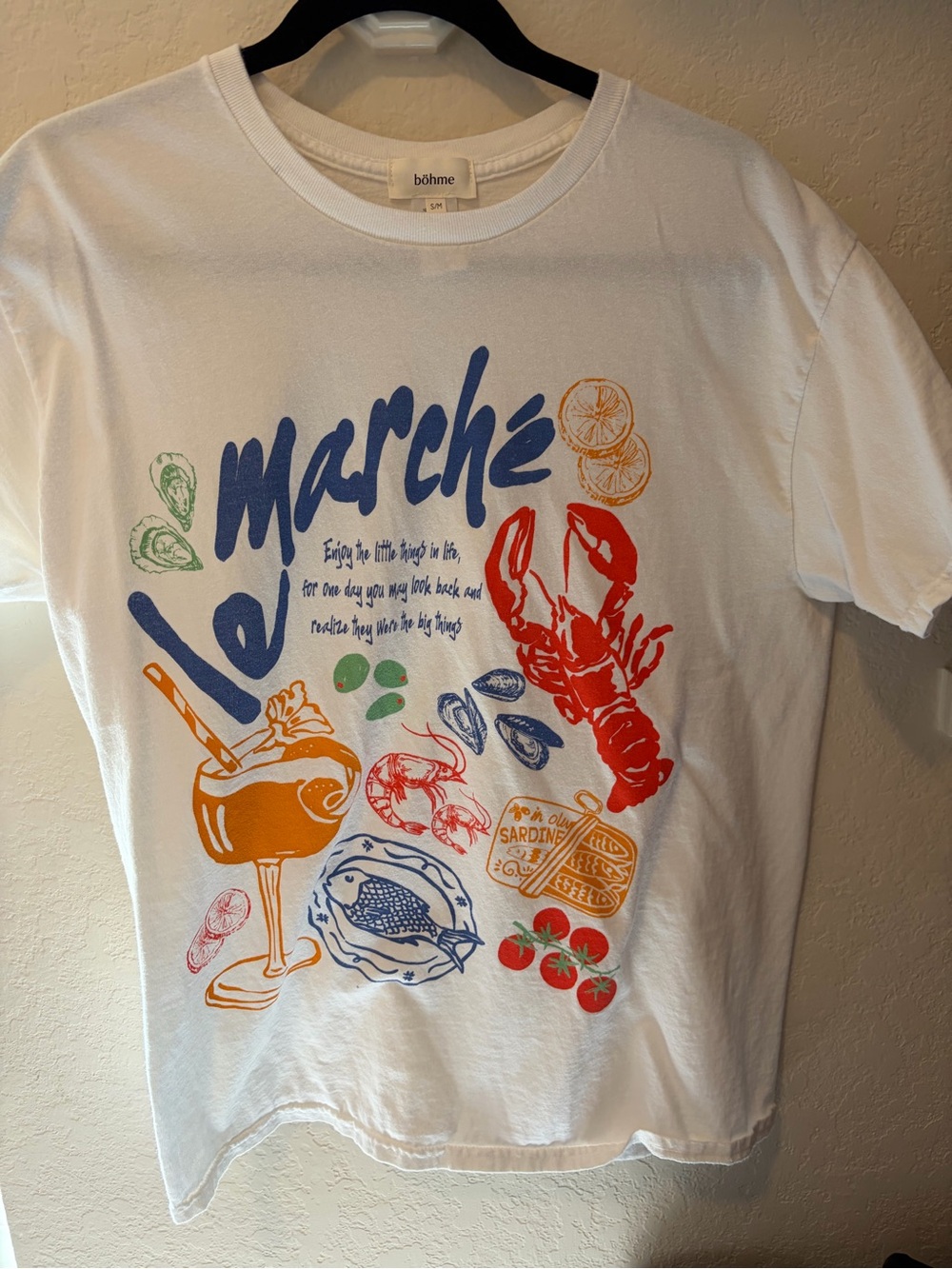 bohme White Short Sleeve Tee with Colorful Seafood Market Graphic